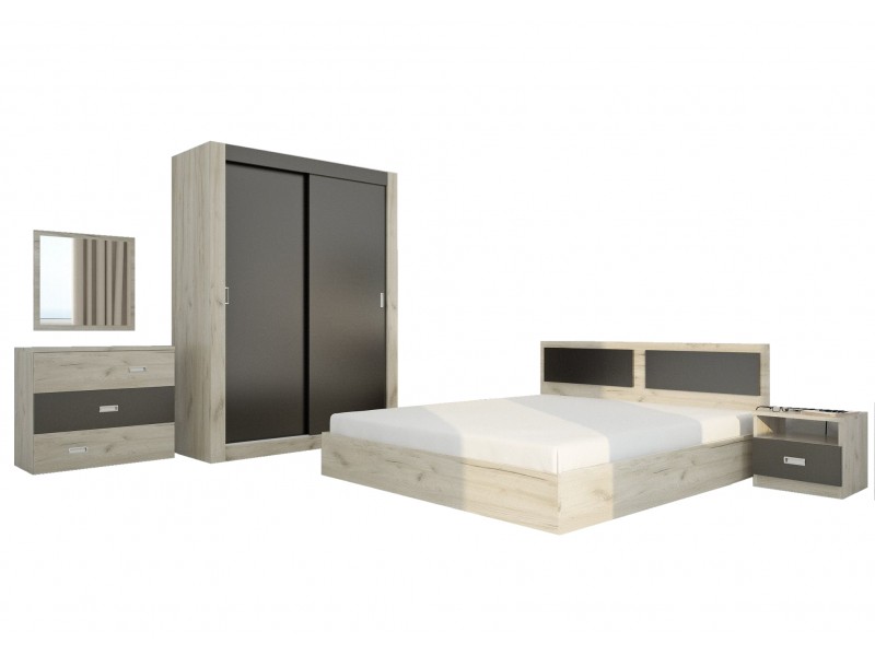 Set Mobila Dormitor Katina - Culoare Pin-Cenusiu - Pat 160x190 cm + Sifonier + Comoda + Oglinda + Noptiere